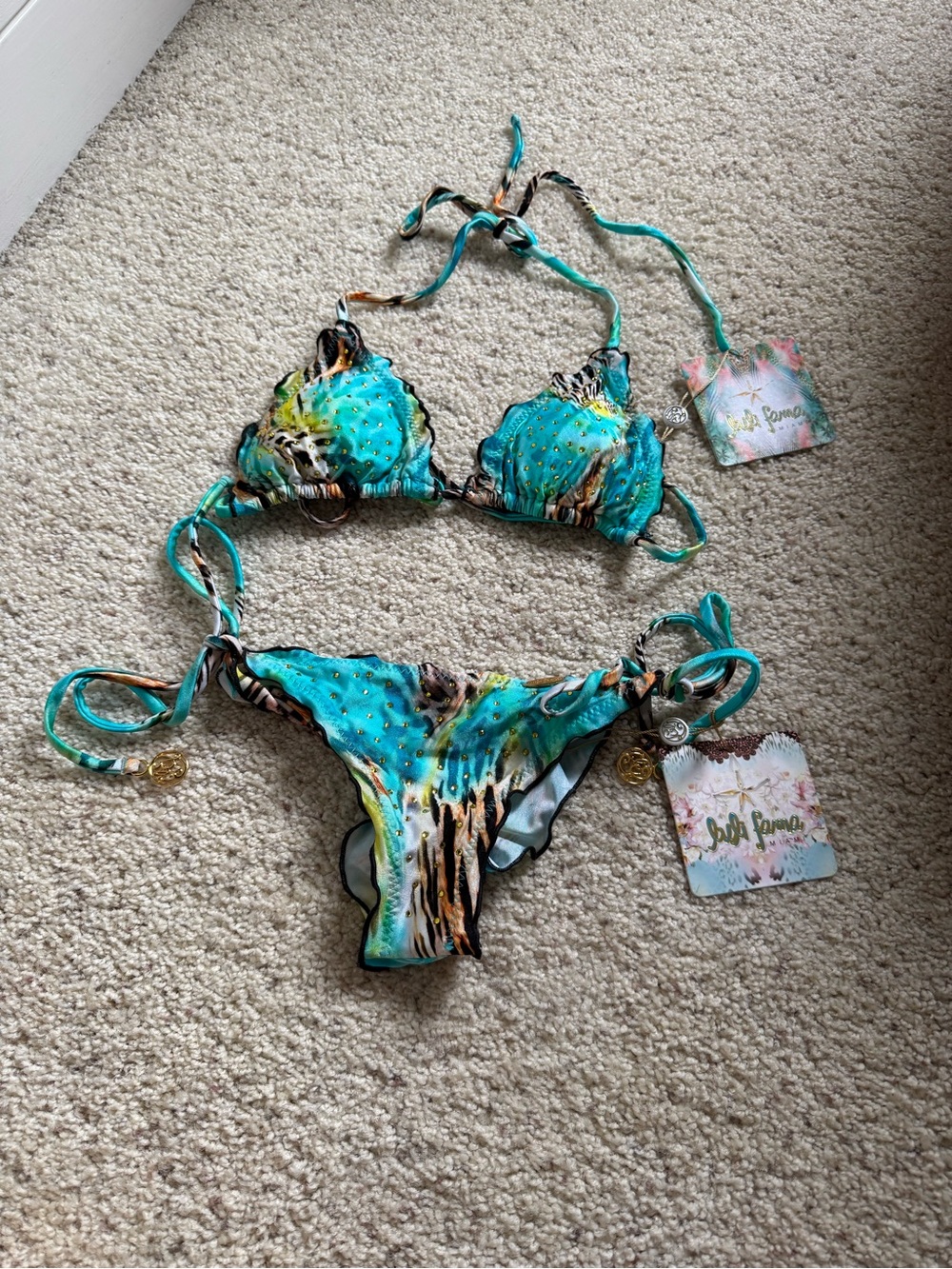 Luli Fama Turquoise & Animal Print String Bikini Embellished with rhinestones.